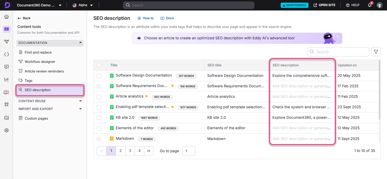 Overview of SEO description section with article titles and descriptions listed.