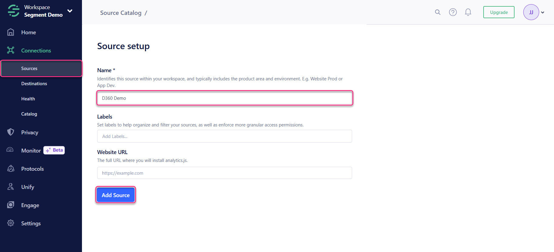 Source setup for Segment integration showing fields for name, labels, and website URL.