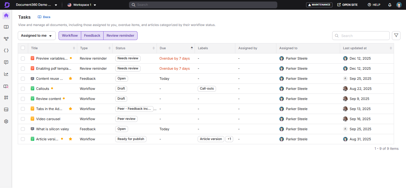 Task management interface showing various document statuses and assigned tasks for review.