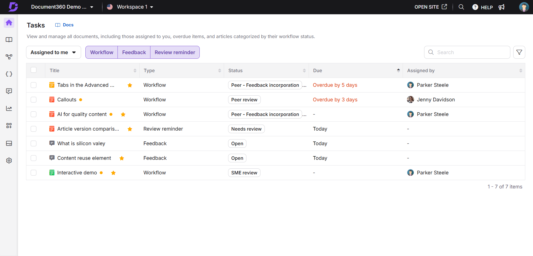 Task management interface showing various workflow statuses and due dates for documents.