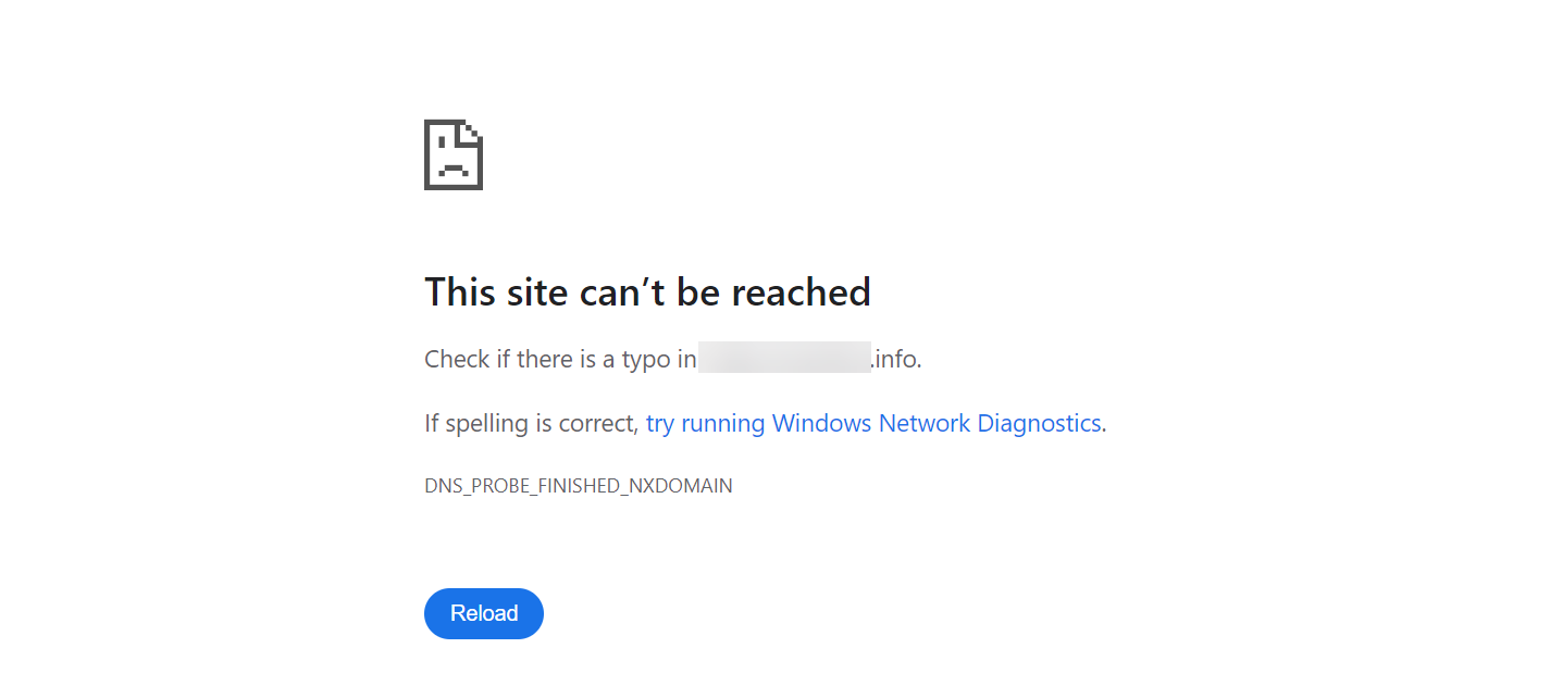 Error message indicating the site cannot be reached with troubleshooting suggestions.