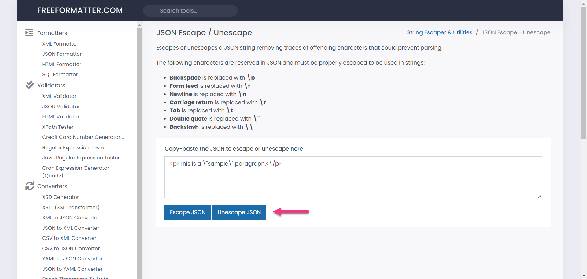 JSON Escape and Unescape tool with highlighted buttons for user interaction.