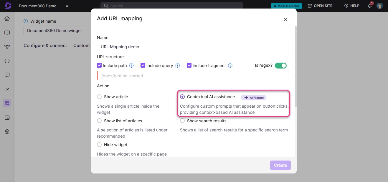 URL mapping settings with contextual AI assistance feature highlighted for user configuration.