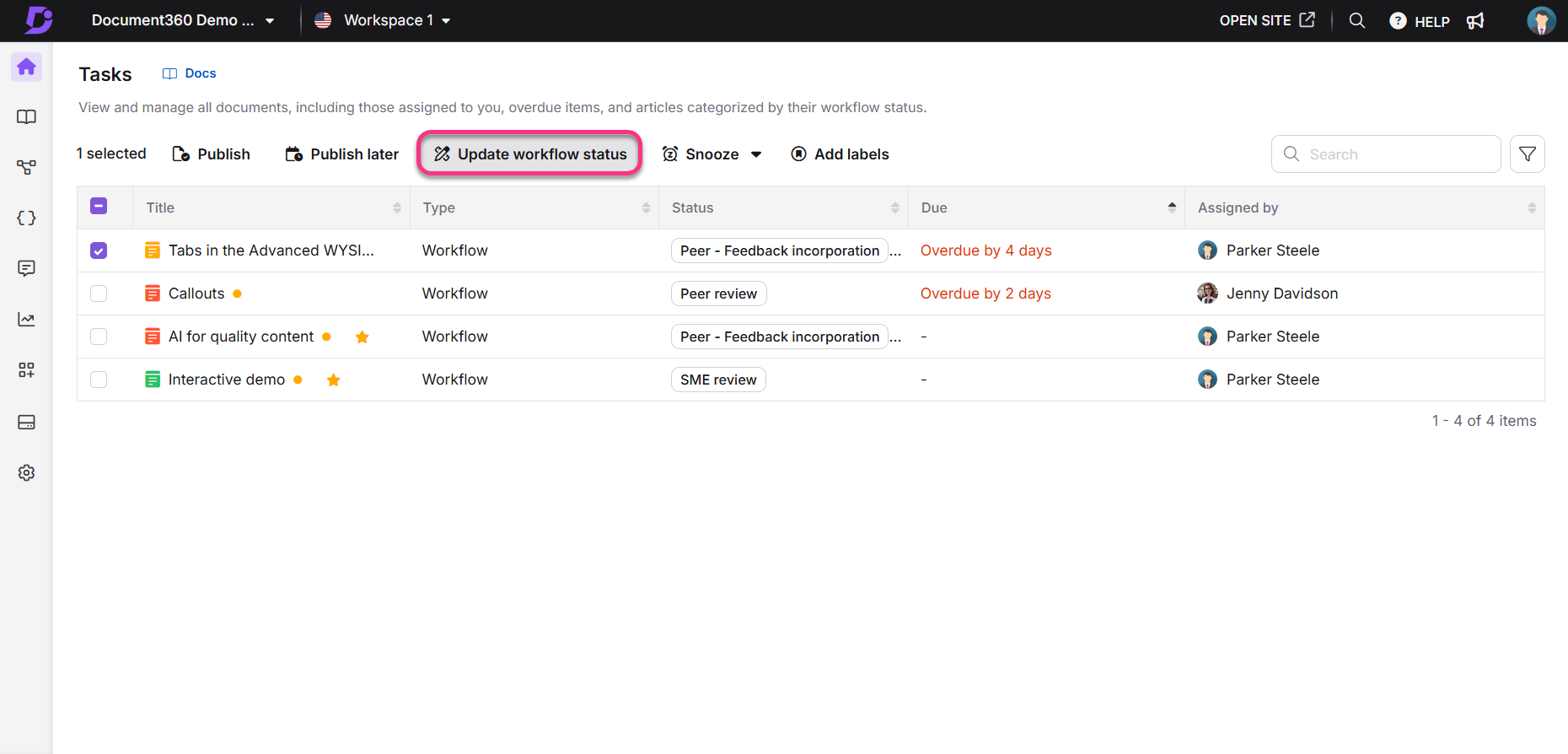 Task management interface showing workflow status updates and overdue items for review.