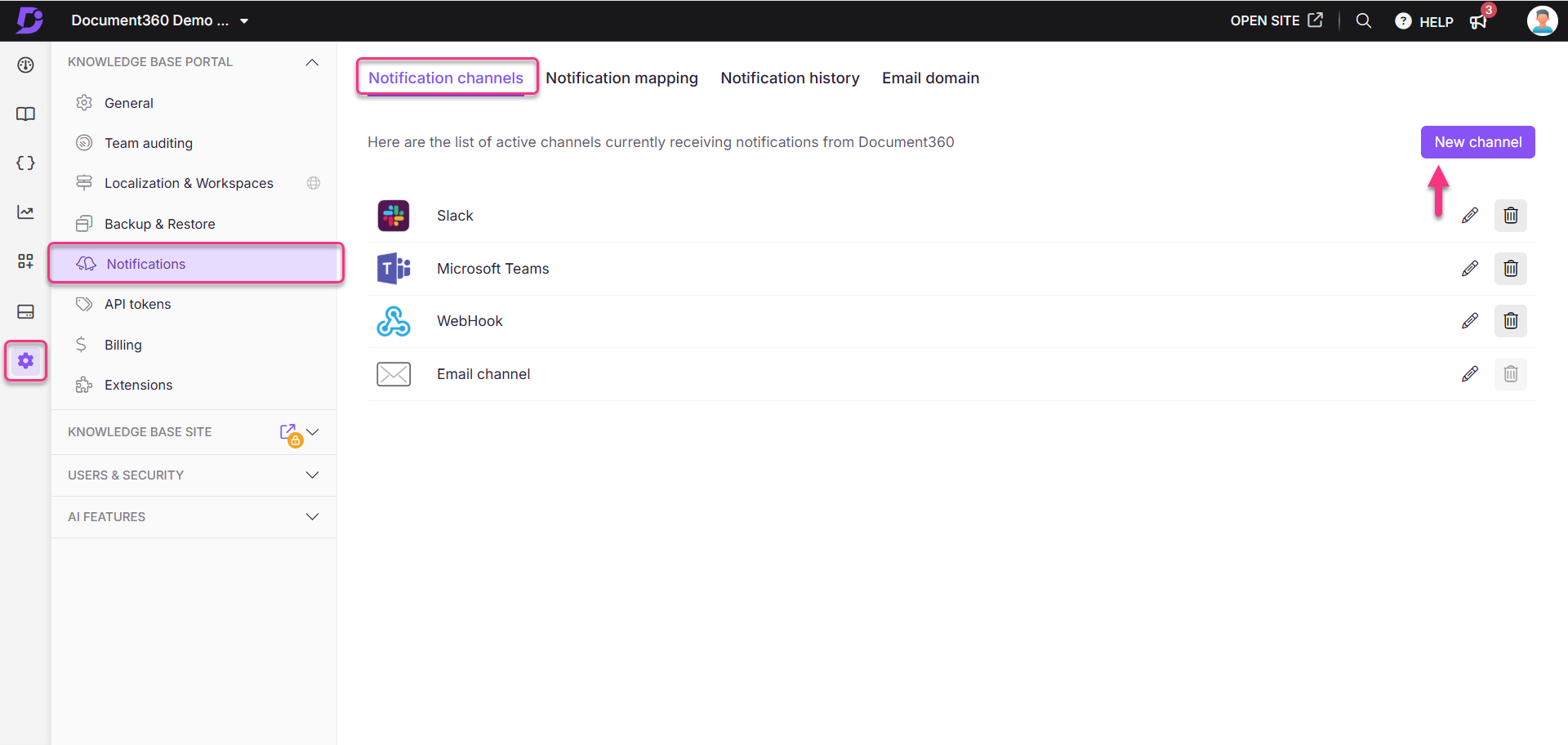 Overview of notification channels in Document360 with options to add new channels.