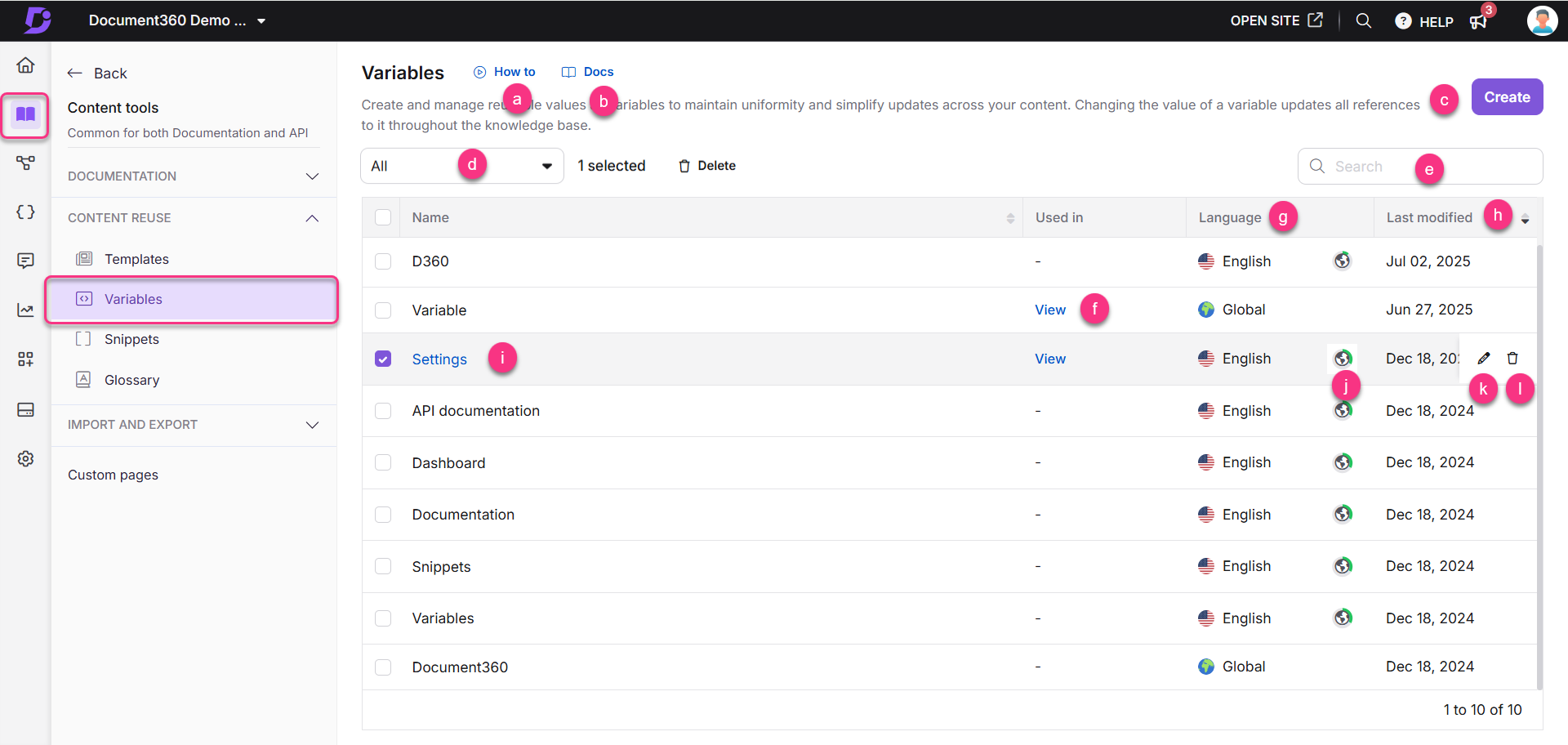 Overview of Variables section in Document360 with highlighted settings and options.
