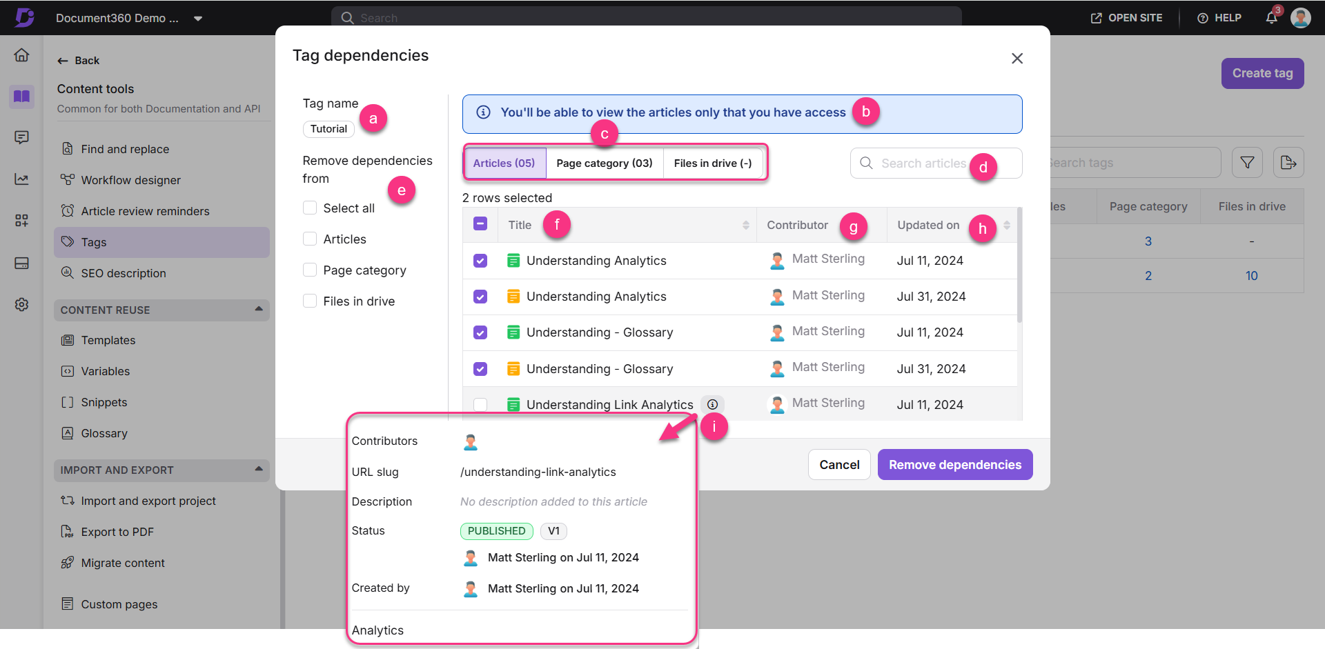 Tag dependencies interface showing articles, contributors, and status for content management.