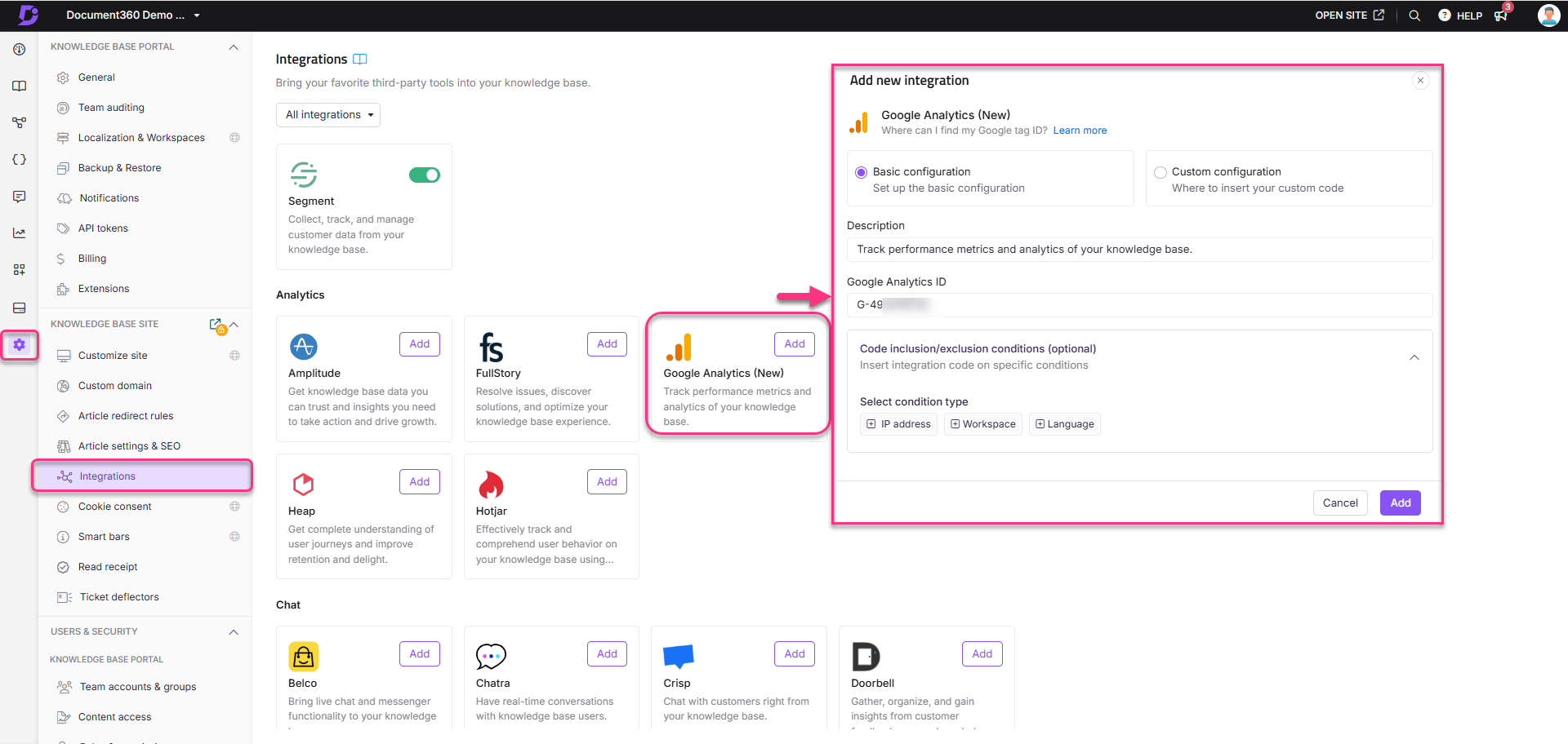 Integrating Google Analytics into the knowledge base for performance tracking and analytics.