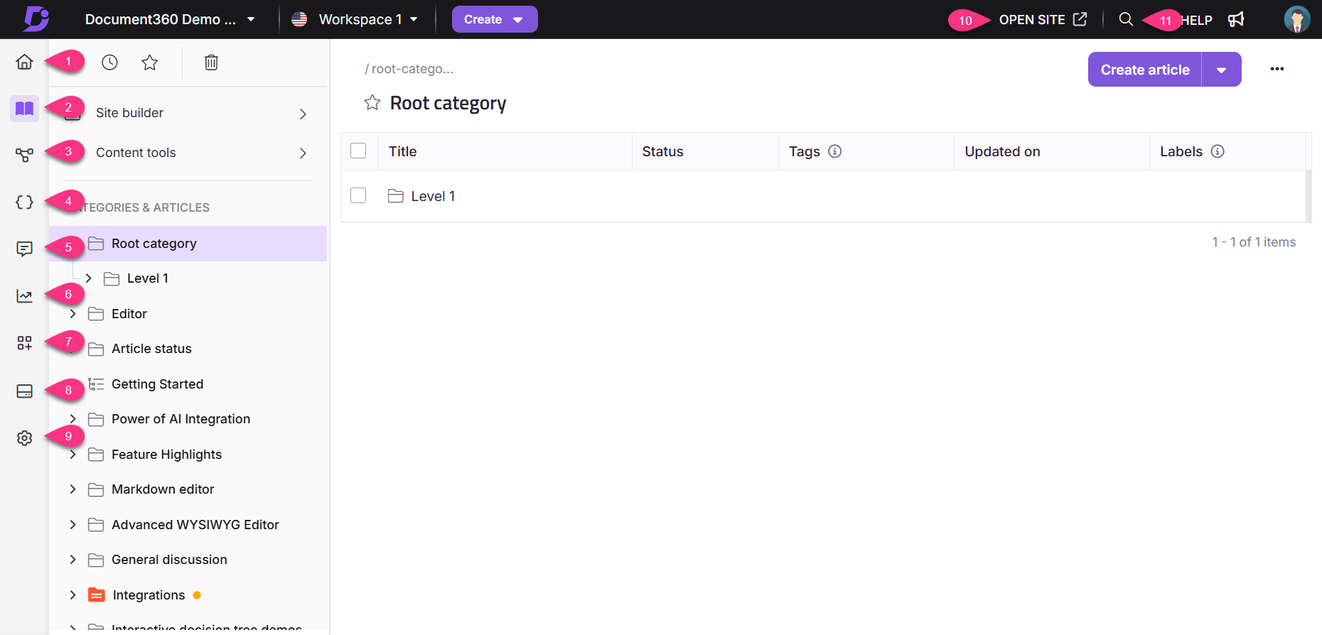 Document360 interface showing categories, articles, and options for creating content.