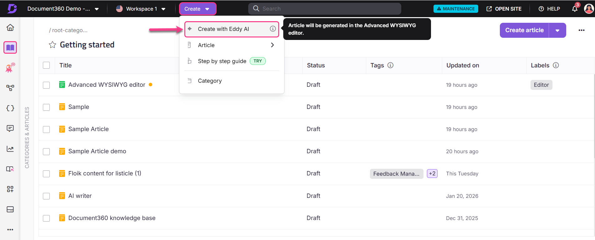 Document360 interface showing article creation options and draft articles list.