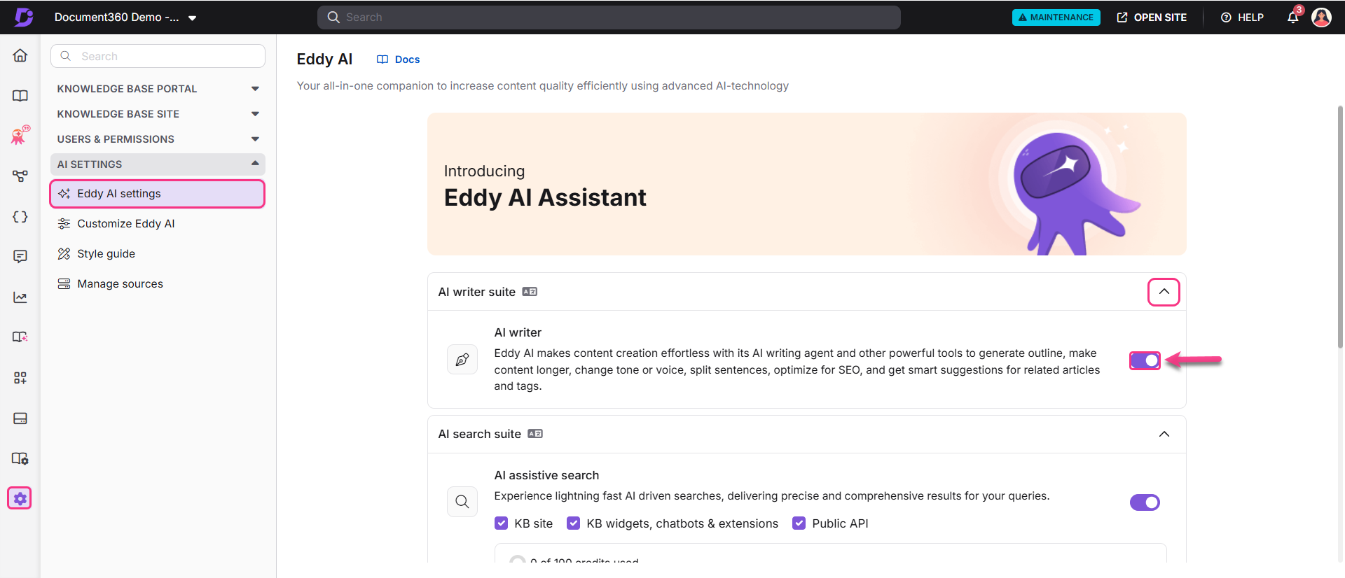 Eddy AI settings page showcasing features and options for content creation and search.