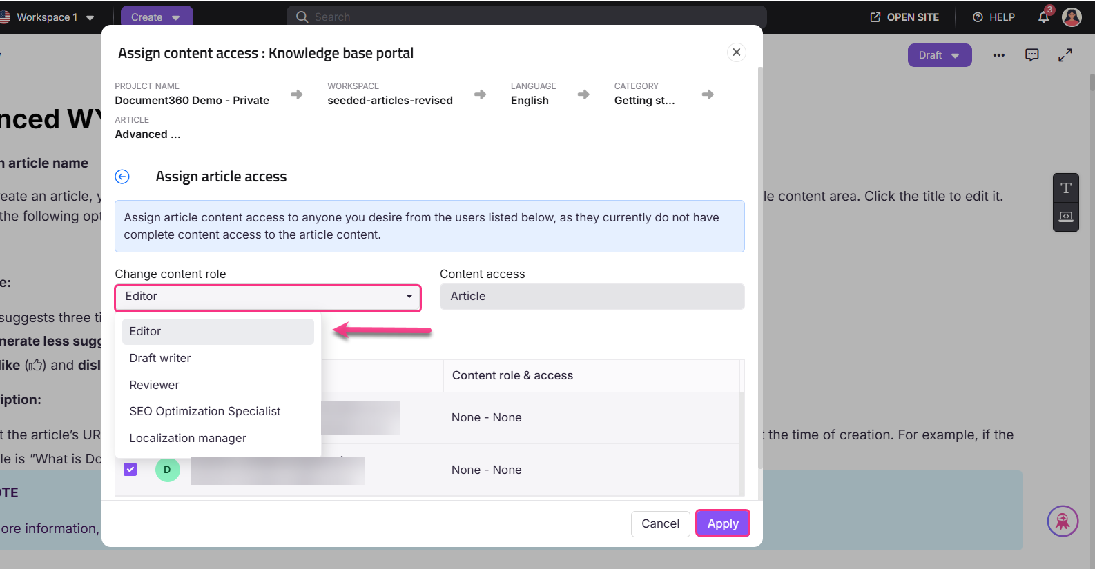 Assign article access by selecting user roles and content permissions in the portal.