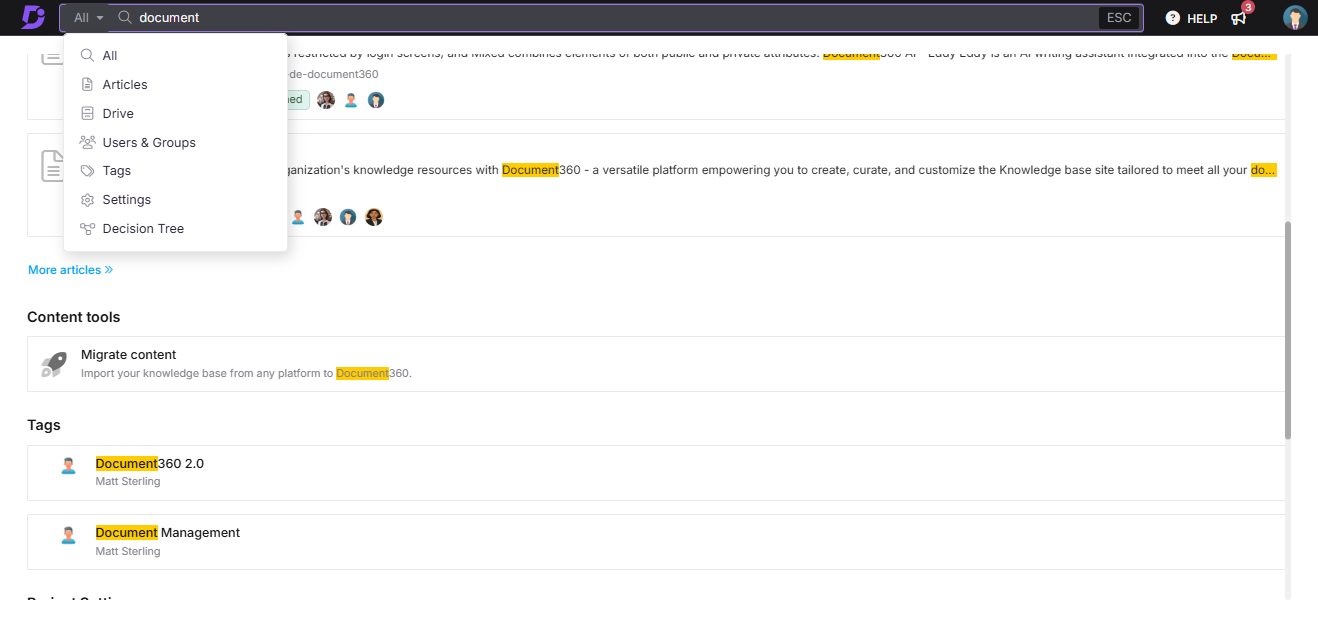 Document360 platform features highlighted, showcasing content migration and management tools.