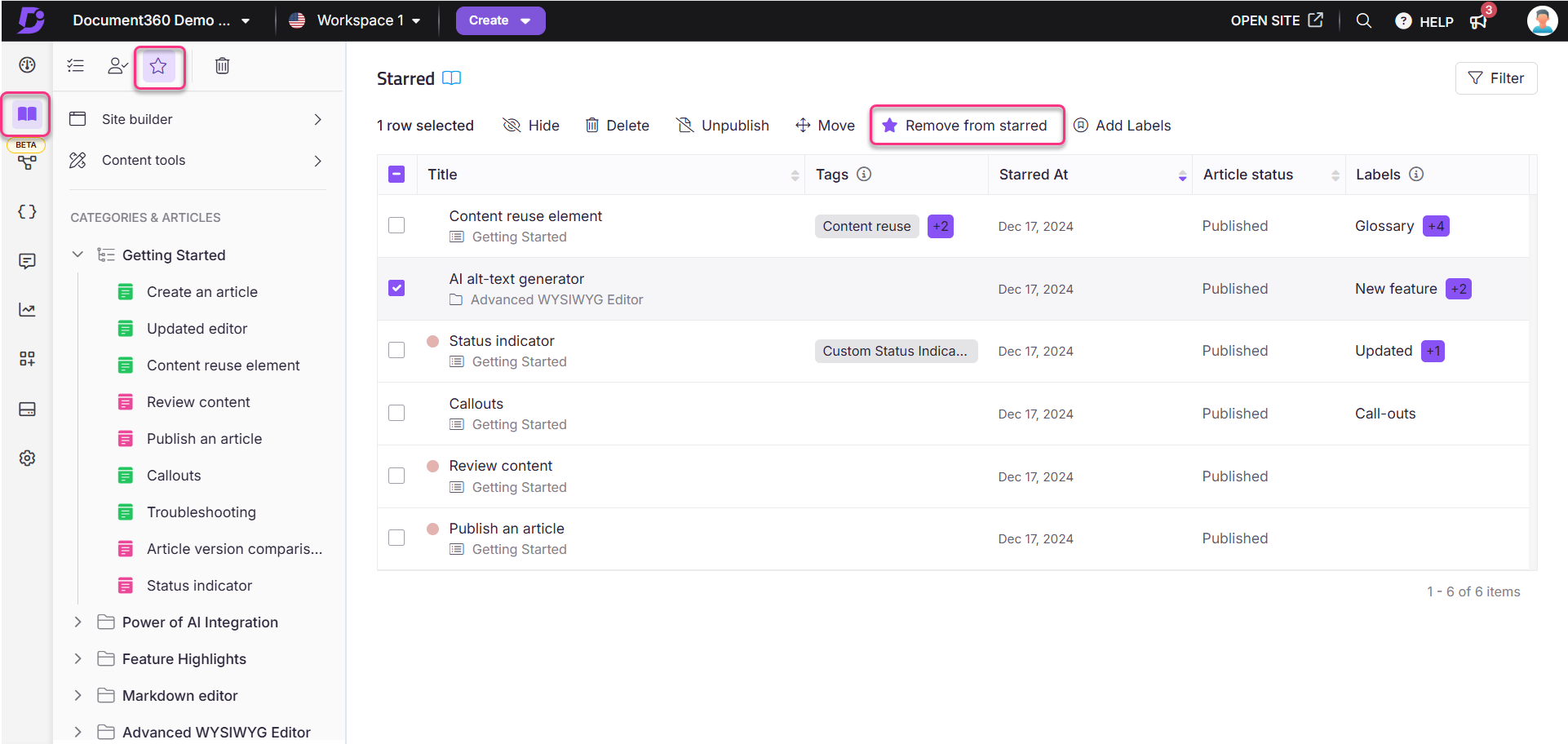Document360 interface showing starred items and options for managing those articles.