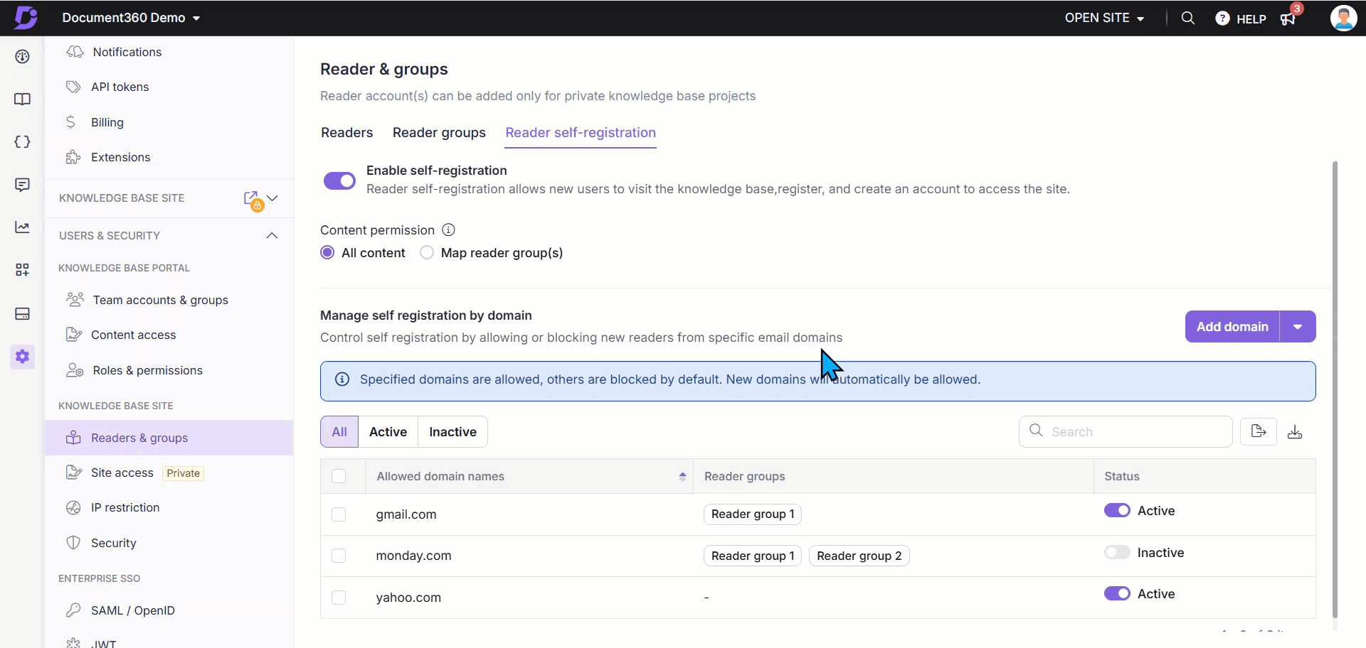 Adding a domain for the self-registration in the Knowledge base portal