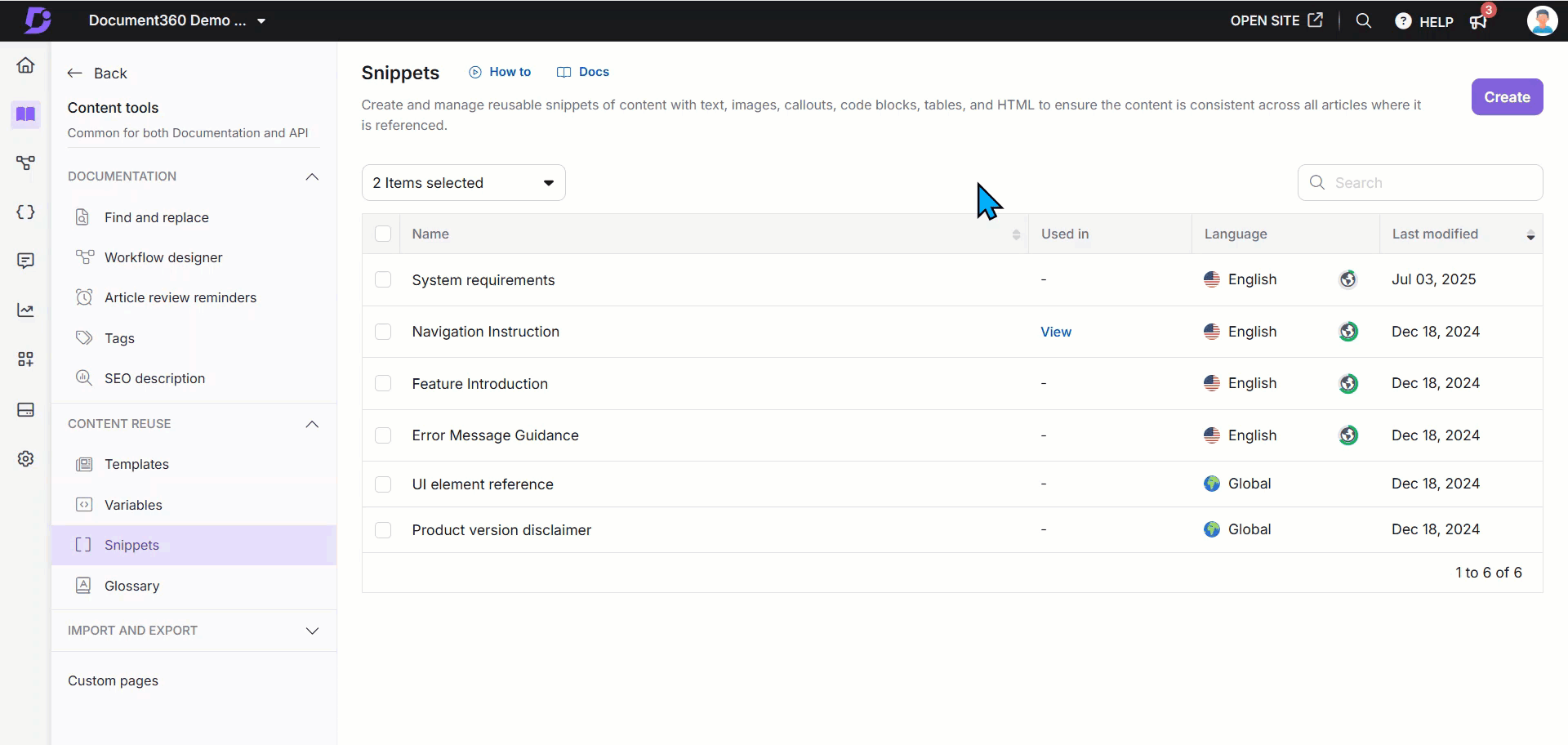 Creating a new snippet in Document360