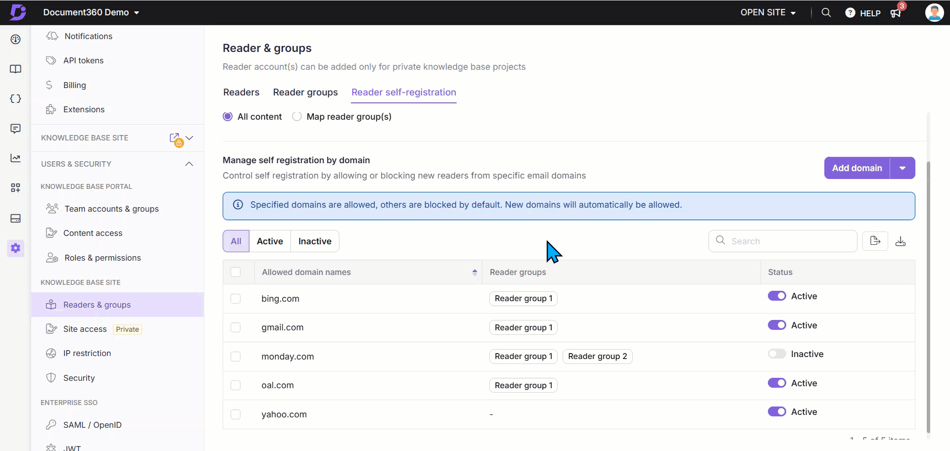 Importing multiple domain restriction for the reader self-registration