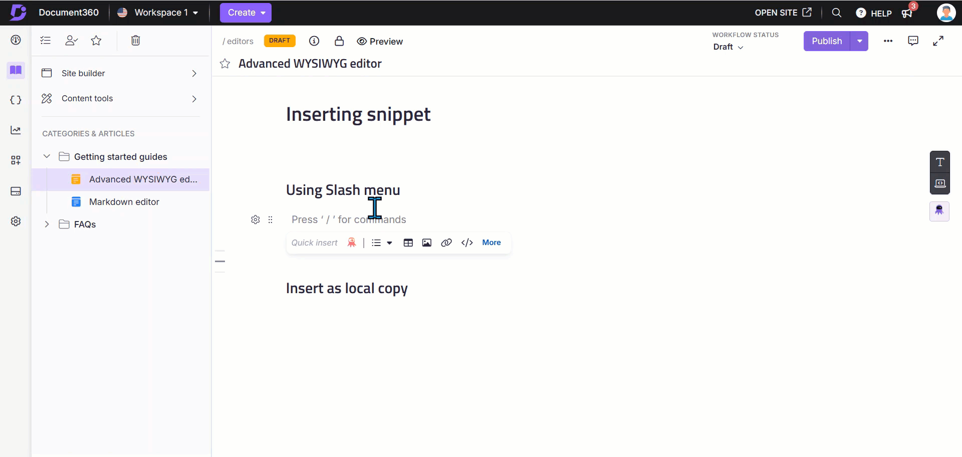 Inserting the snippets in the Knowledge base portal.