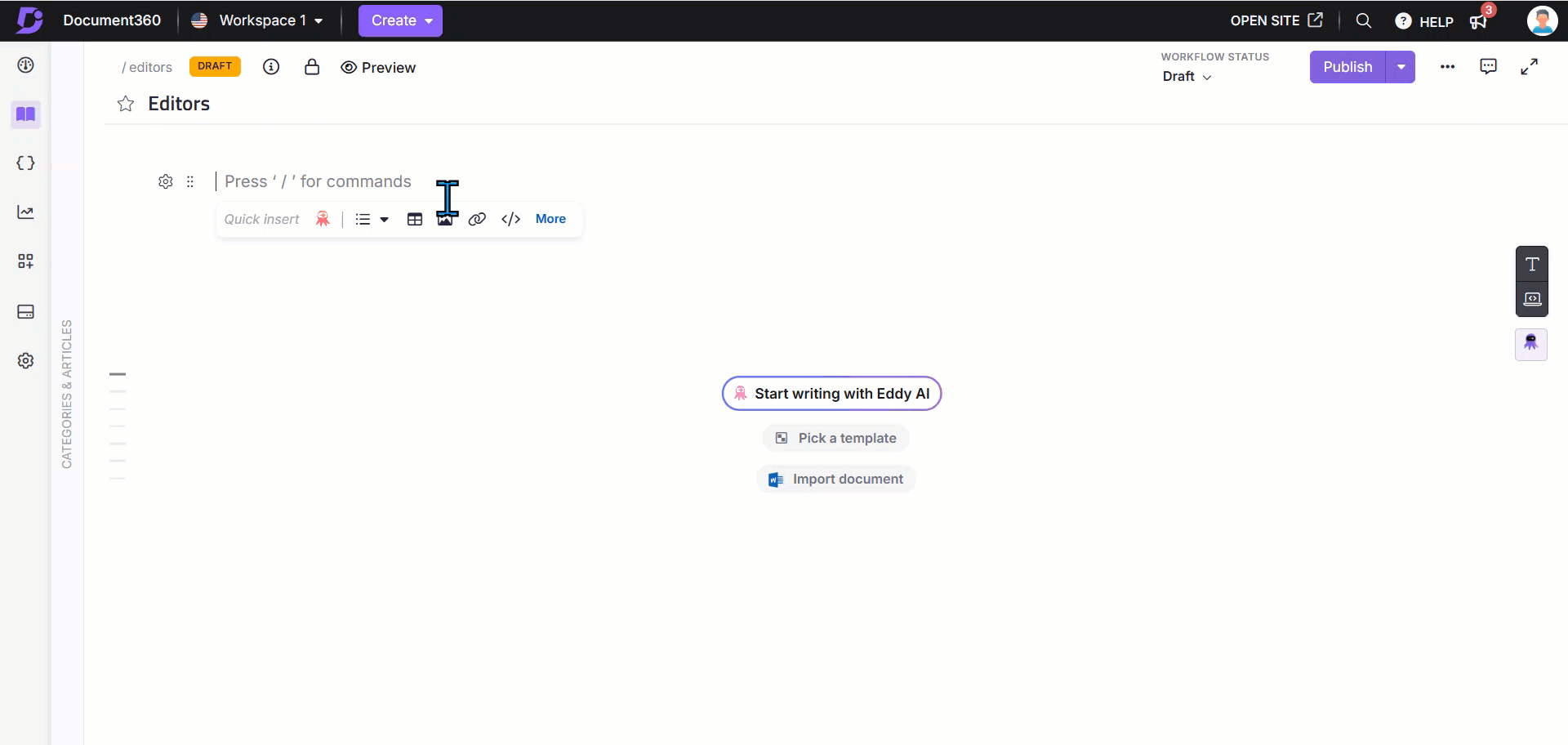 Inserting tables using slash menu in the Advanced WYSIWYG editor.