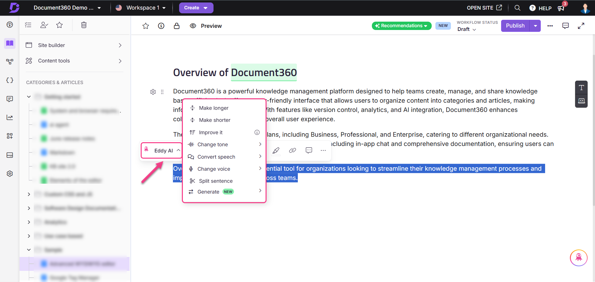 Image showing AI writer options using Eddy AI writer