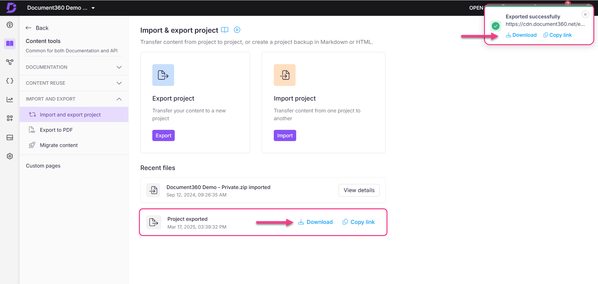 Image showing the option to download the exported project