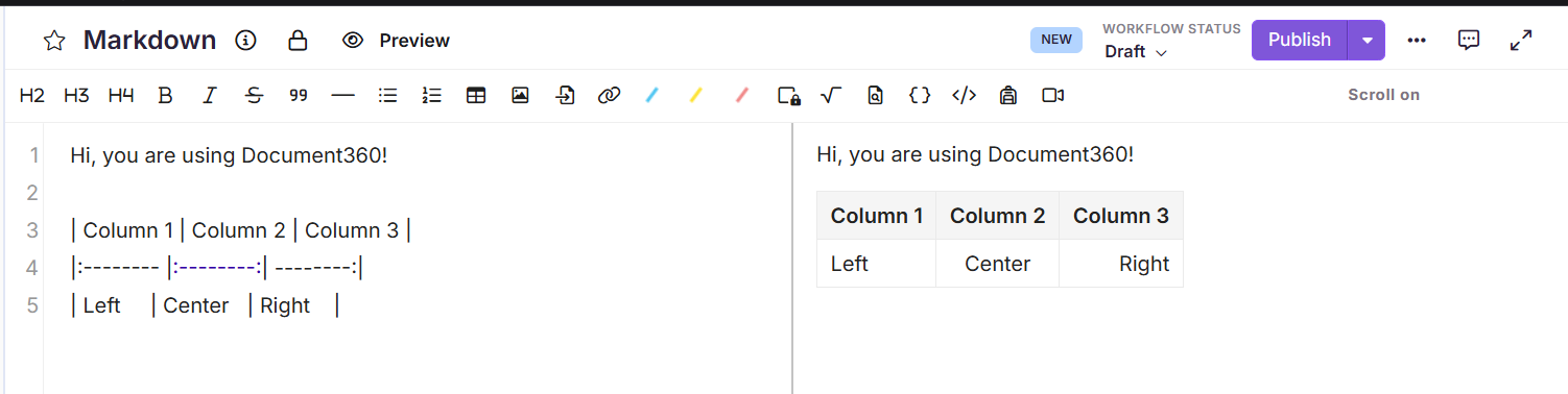 Image showing tables in Markdown editor