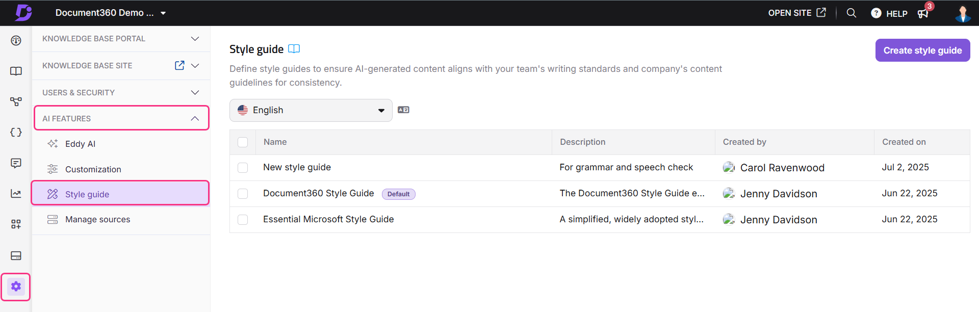 Style guide overview page