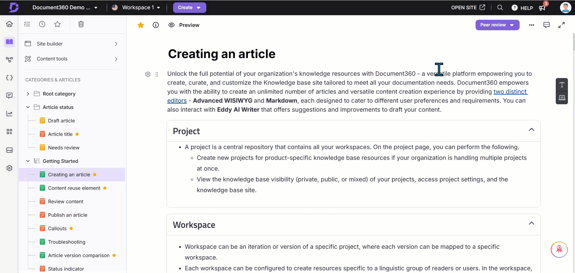 Showing how to assign an article for review in the Workflow statuses.