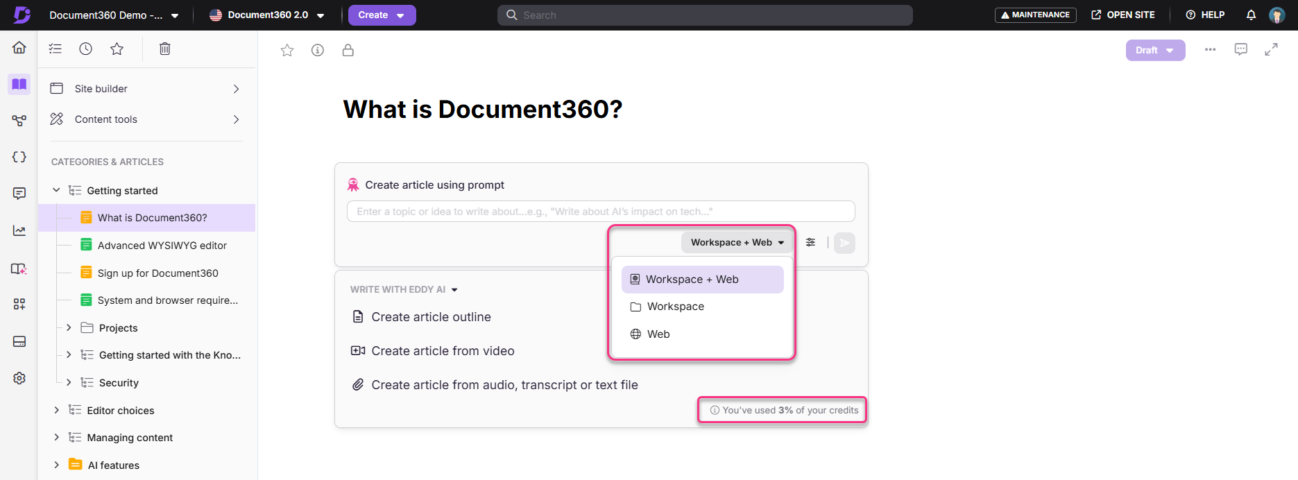 Document360 interface showing article creation options and credit usage information.