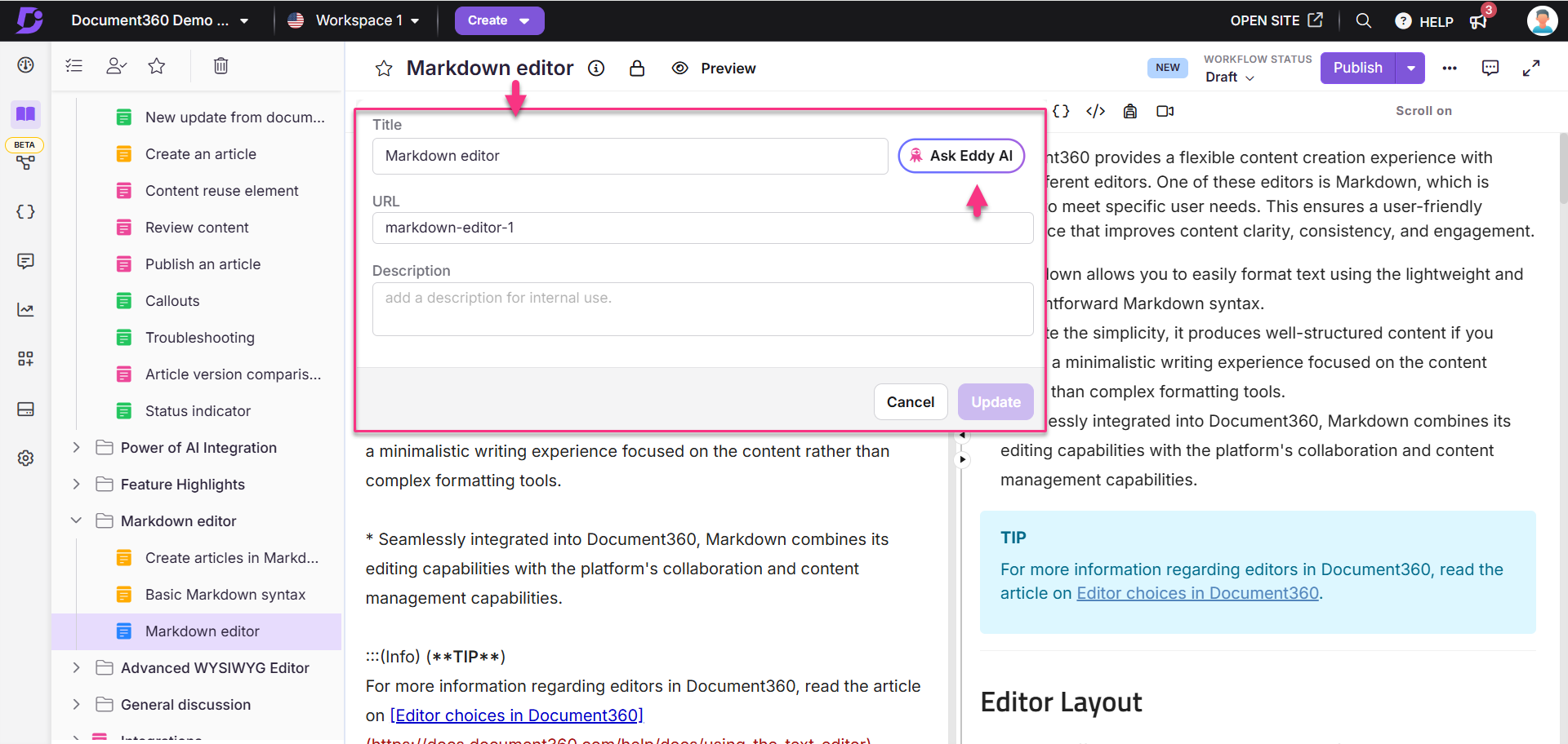 Markdown editor interface showing title, URL, and description fields for content creation.