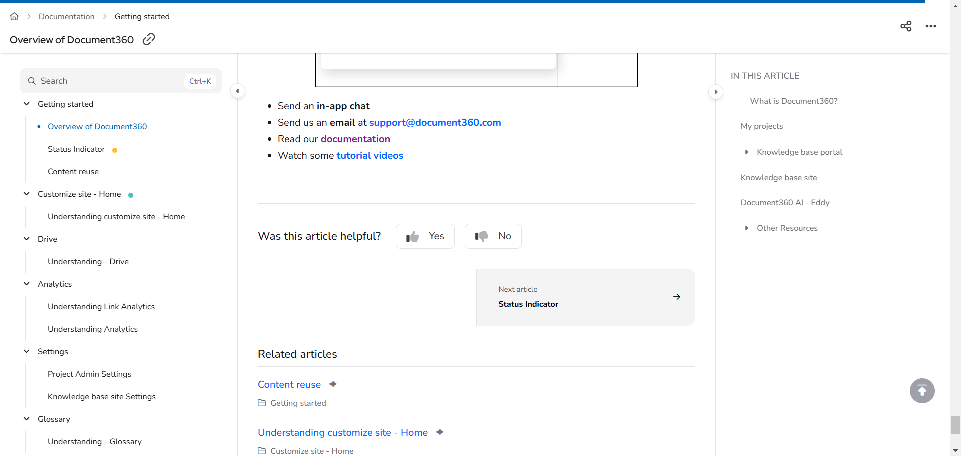 Overview of Document360 with applied CSS code for the like and dislike buttons in the knowledge base site.