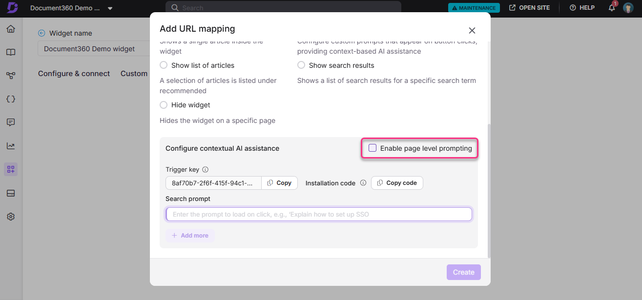 Configuration options for enabling contextual AI assistance in Document360 widget settings.