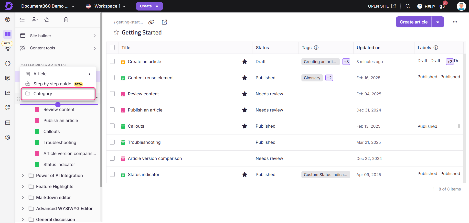 Document360 interface shows how to create a category from the Flywheel icon from the Categories and Articles section