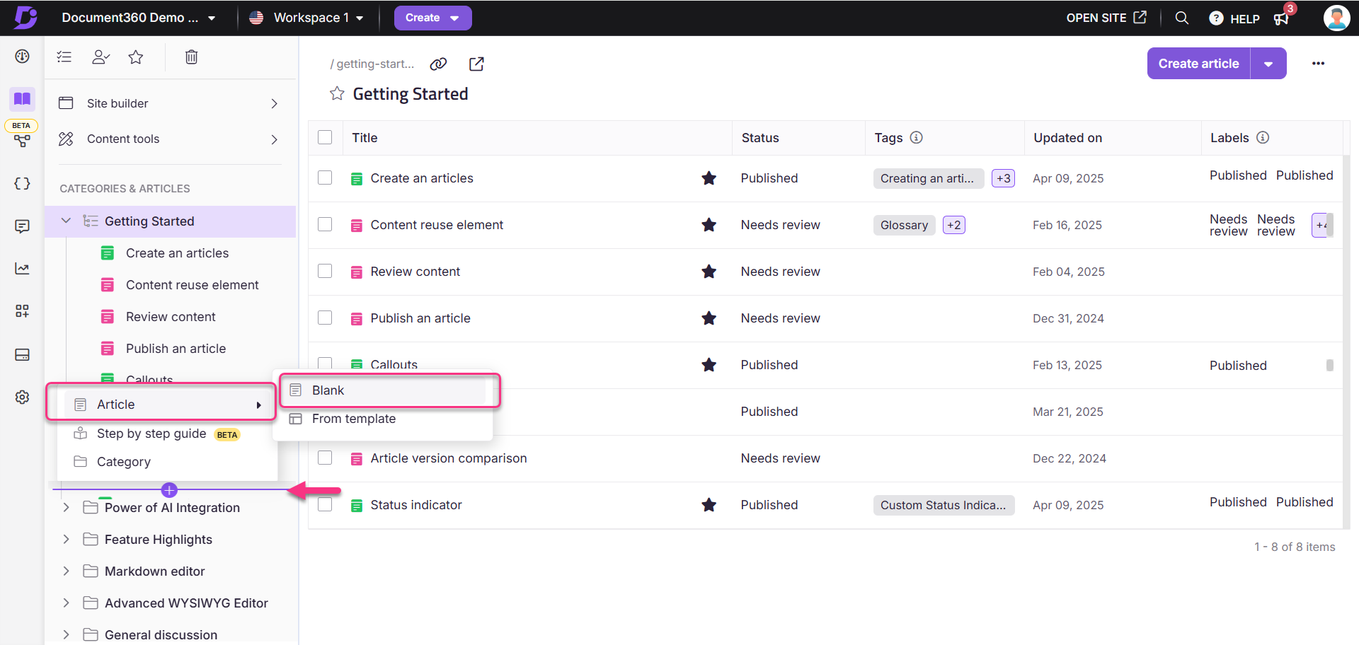 Document360 interface shows how to add a new article from the flywheel icon from the categories & articles pane