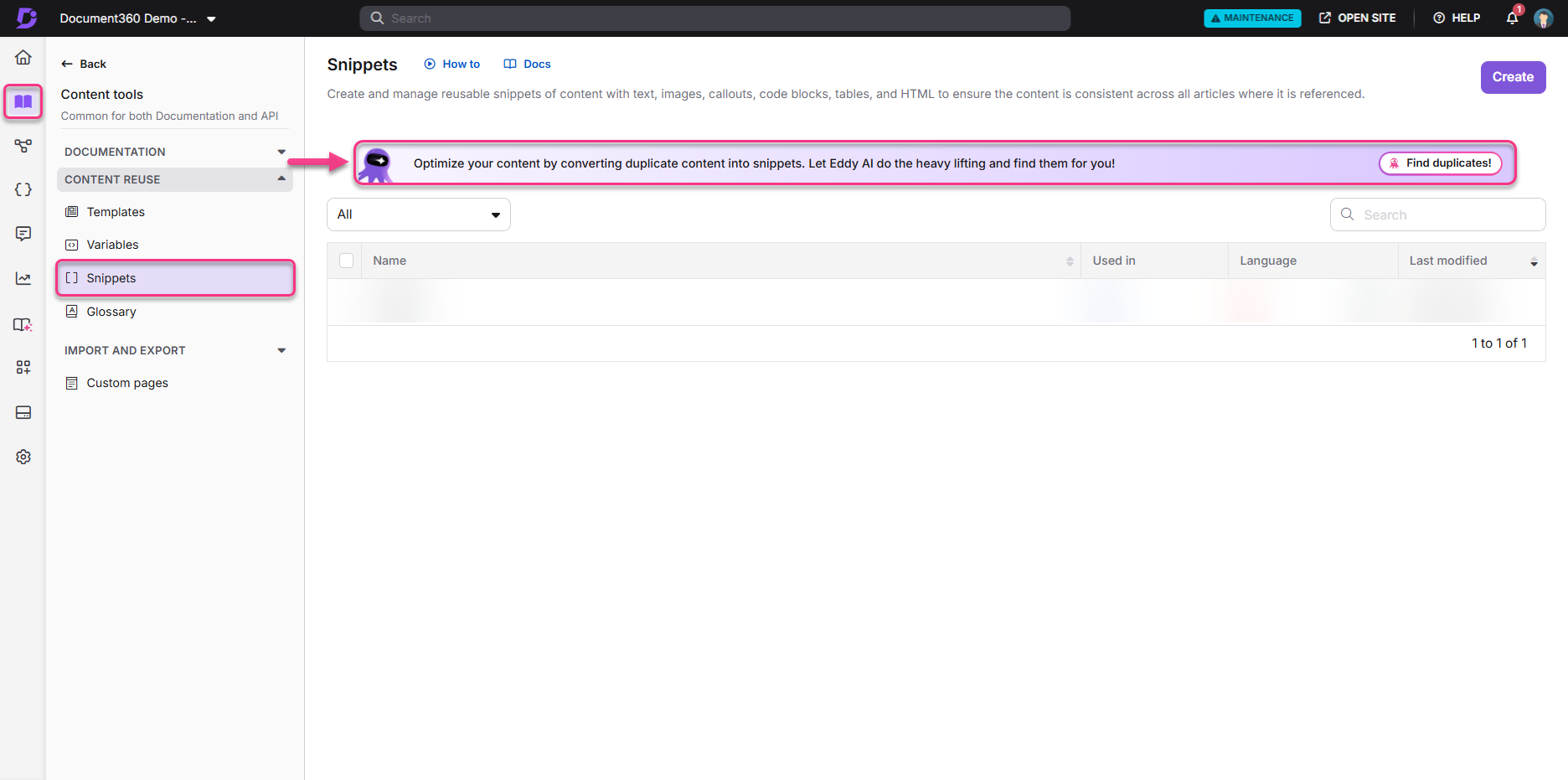 Document360 interface showing snippets management and content optimization features.