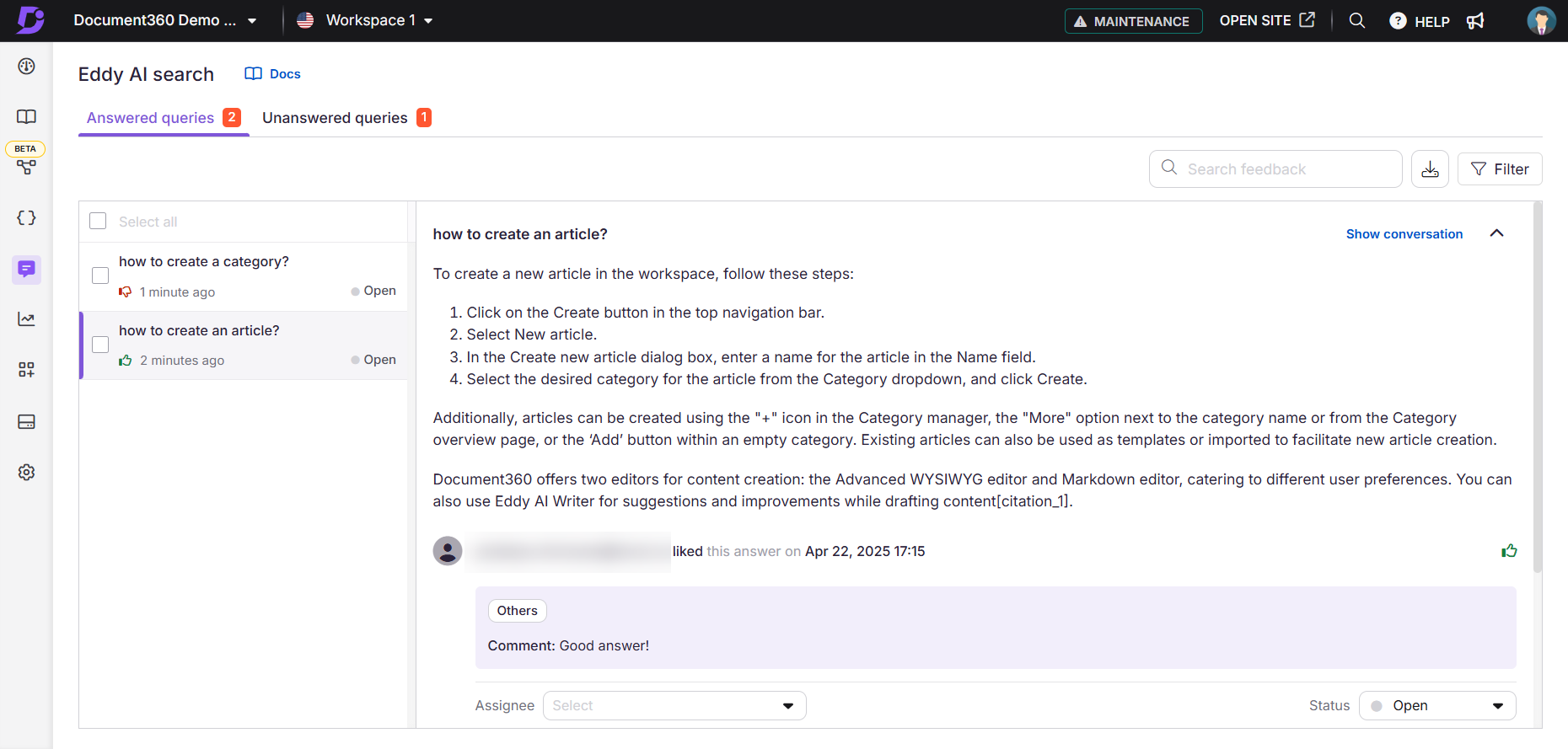 Instructions for creating an article in Document360 workspace with highlighted steps.