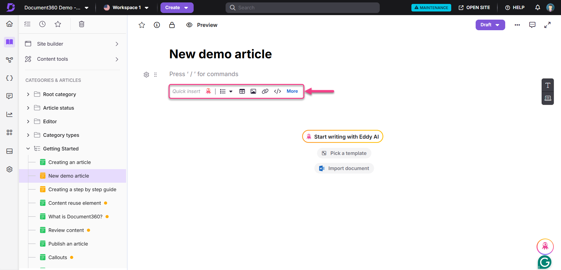 Document360 interface showing options for creating a new article and using AI tools.