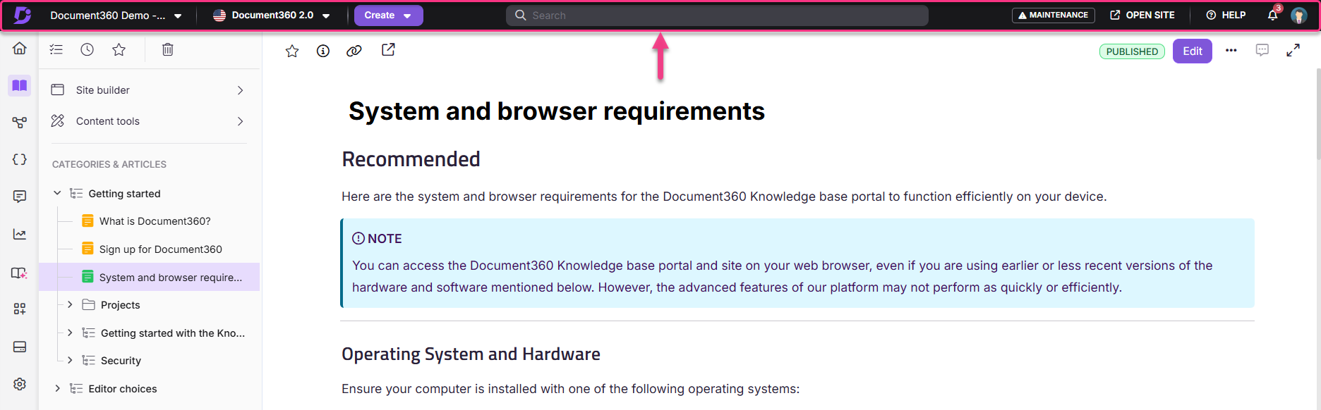 Document360 system and browser requirements with highlighted note for users.