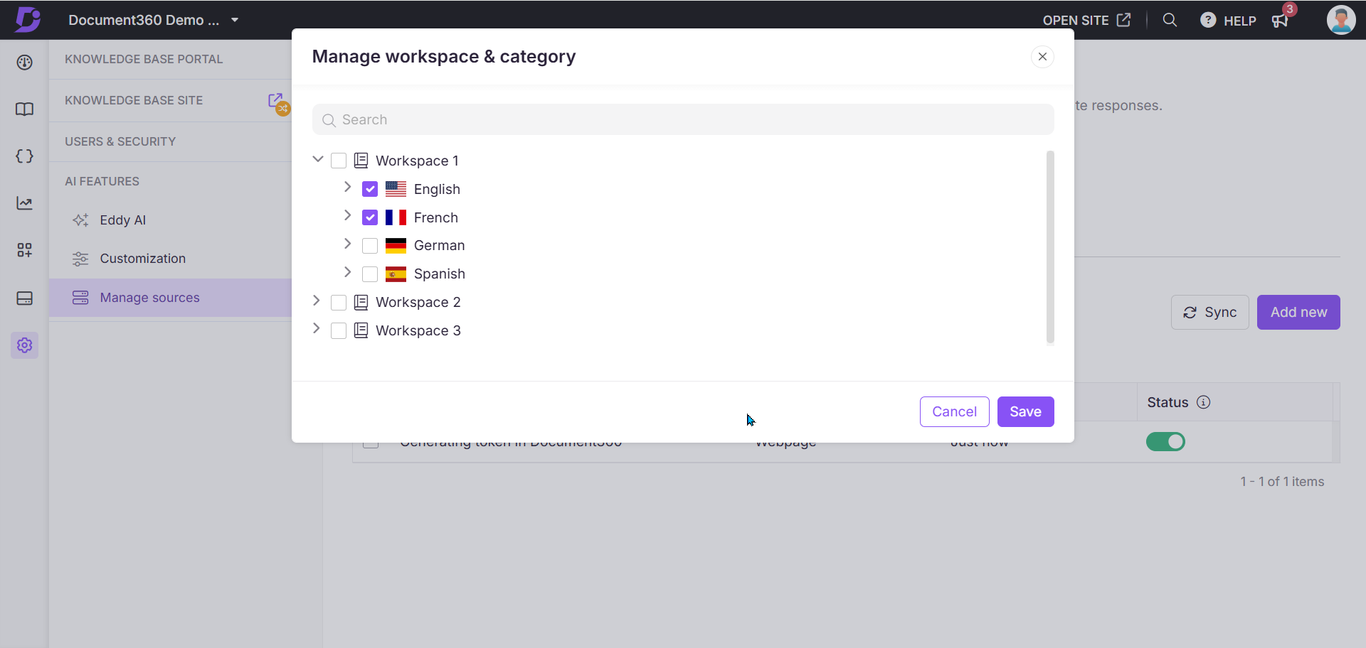 Manage workspaces and categories with language options of the external sources in the Knowledge base portal