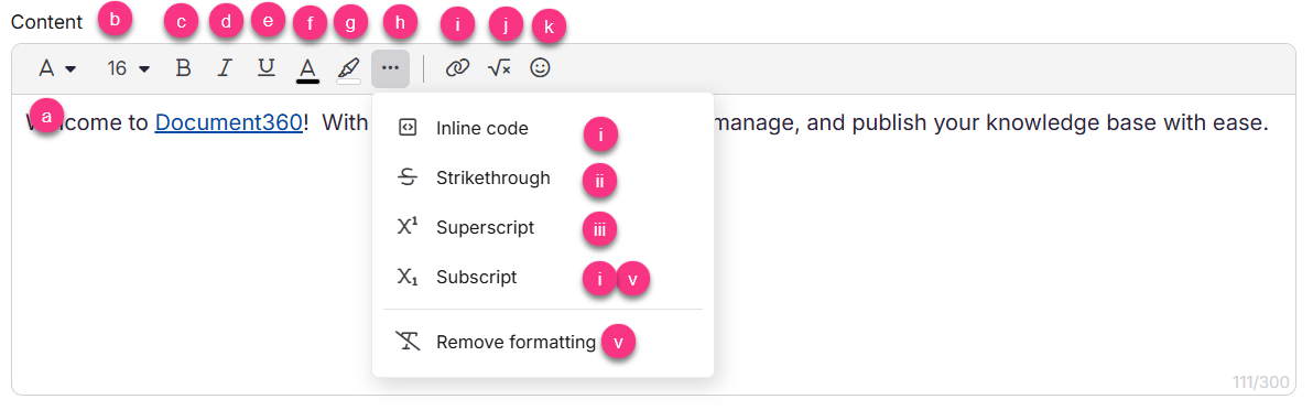 Toolbar options for editing text in Document360, including formatting and code features.