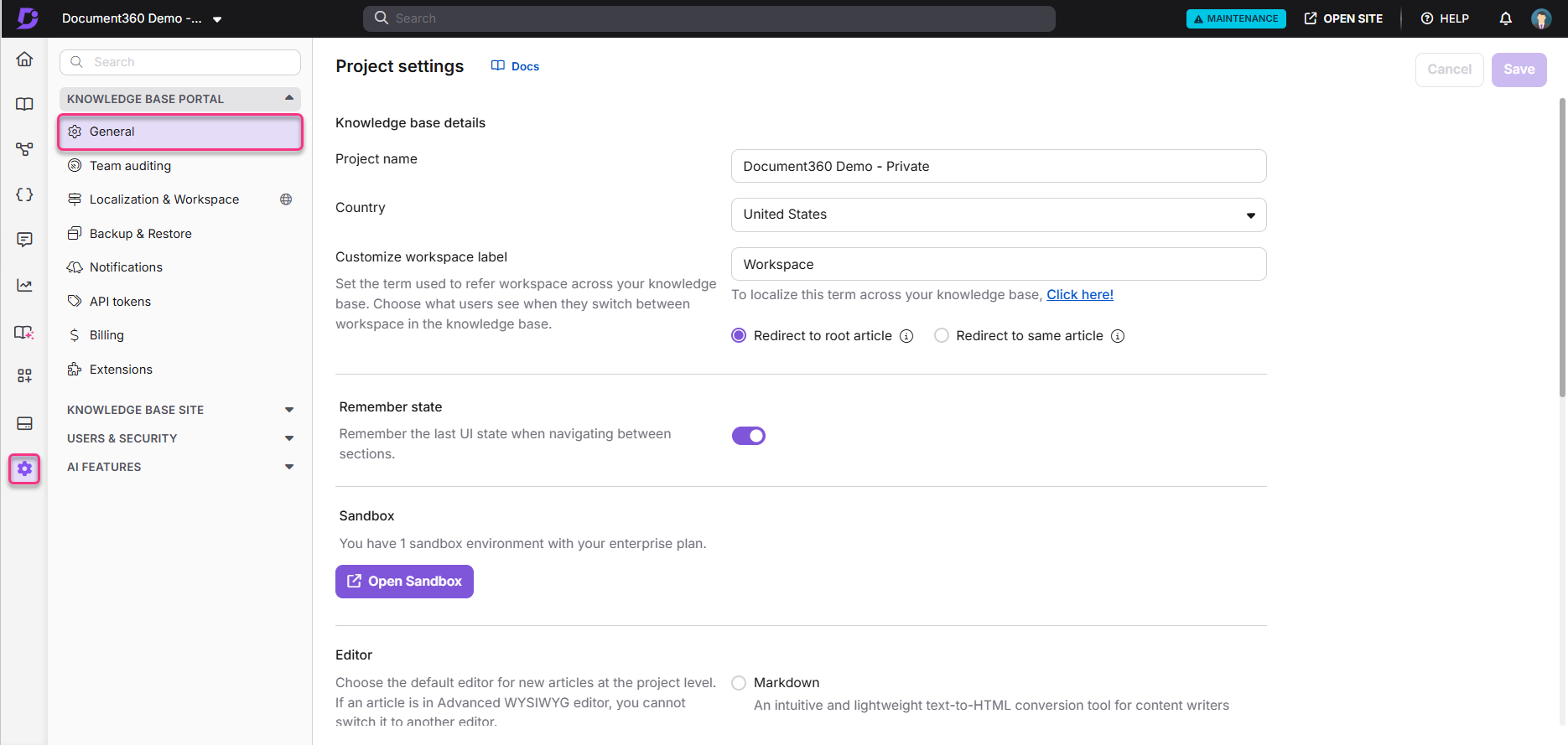 Project settings interface showing options for knowledge base customization and user management.