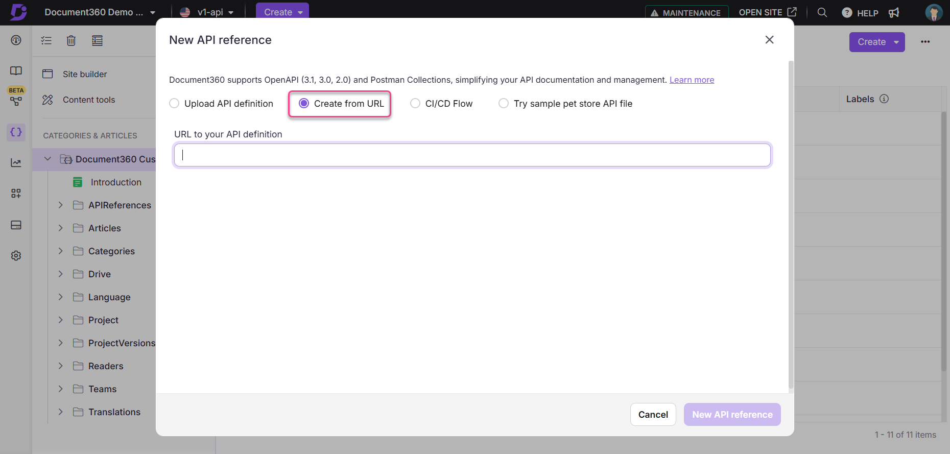 Creating a new API reference by entering a URL in the designated field.