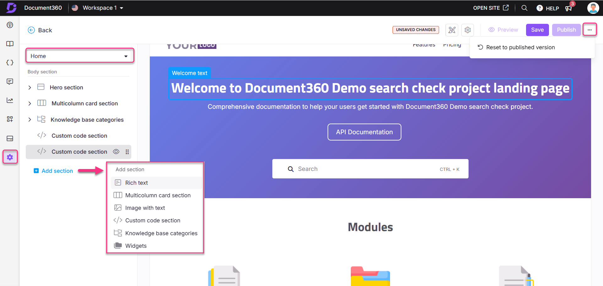 Document360 interface showing options to add sections and manage content effectively.