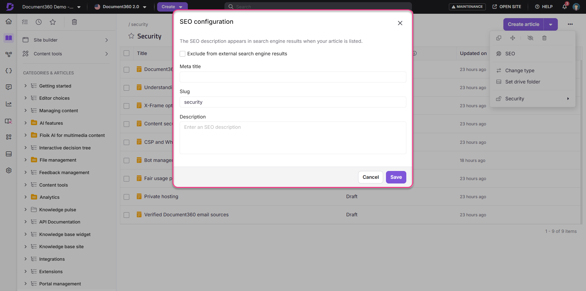 SEO configuration settings for a document, including title, slug, and description fields.