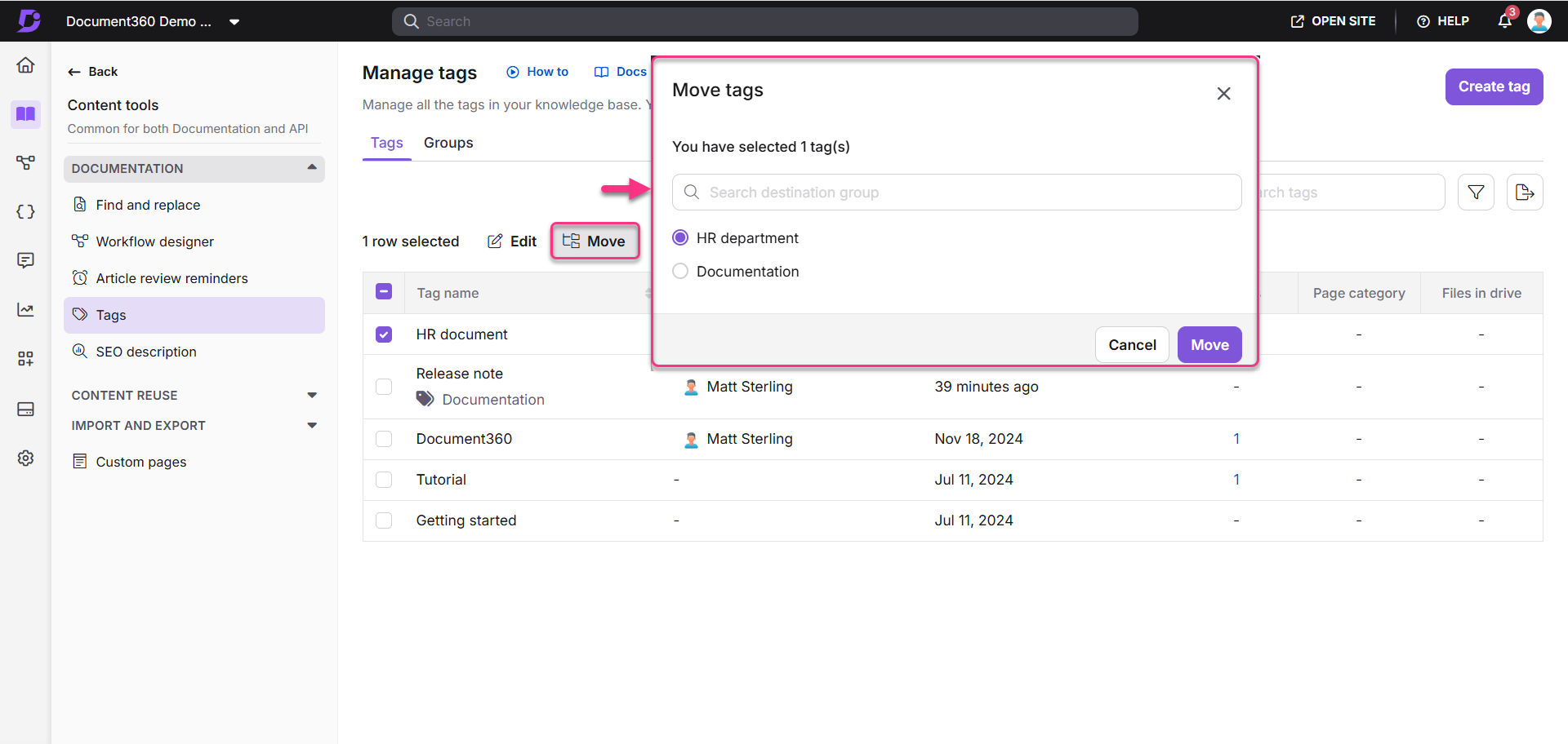 Manage tags interface showing options to move selected tags in documentation.