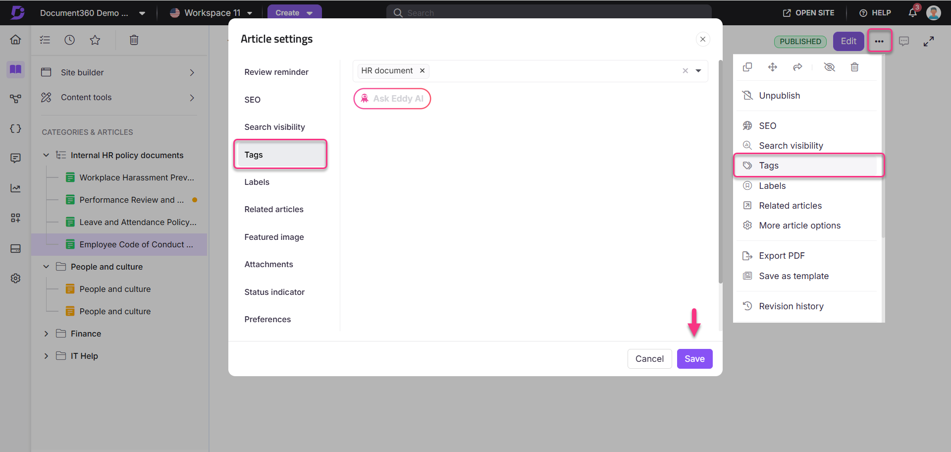 Settings menu showing article options, including tags and save button for HR documents.