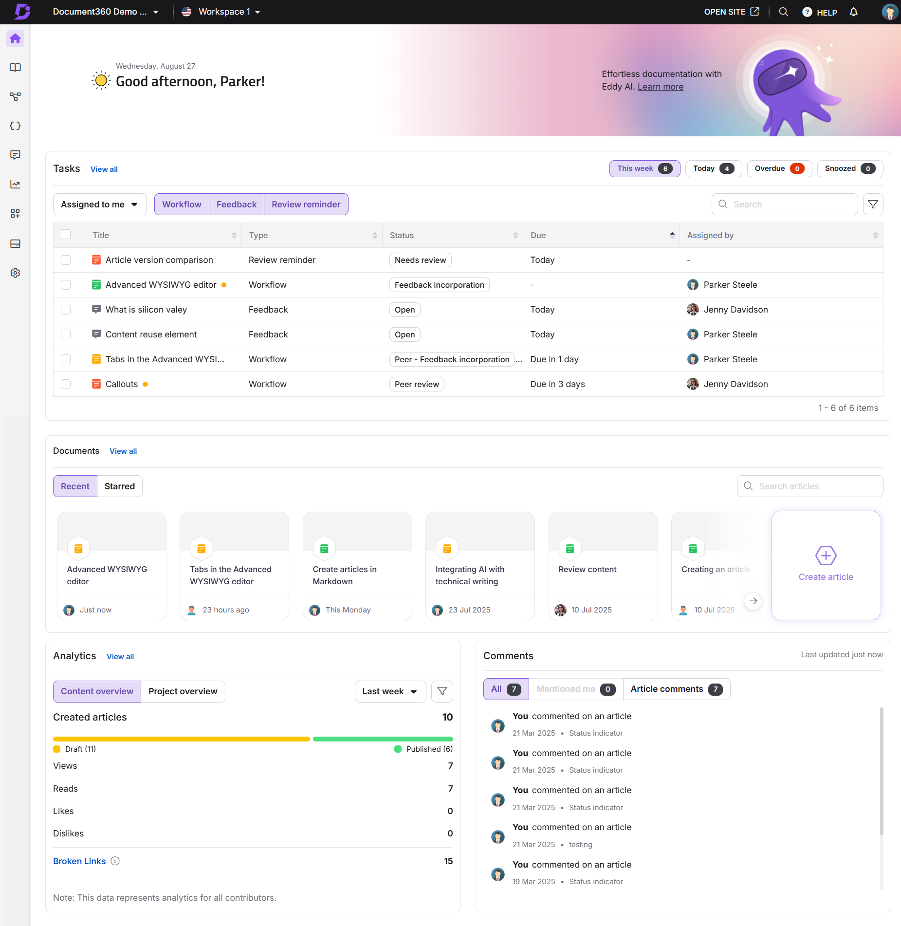 Task management interface showing assigned tasks, documents, and analytics overview.