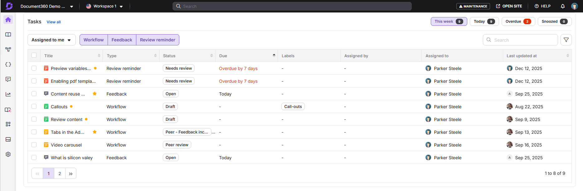 Task management interface showing various tasks with statuses and due dates.