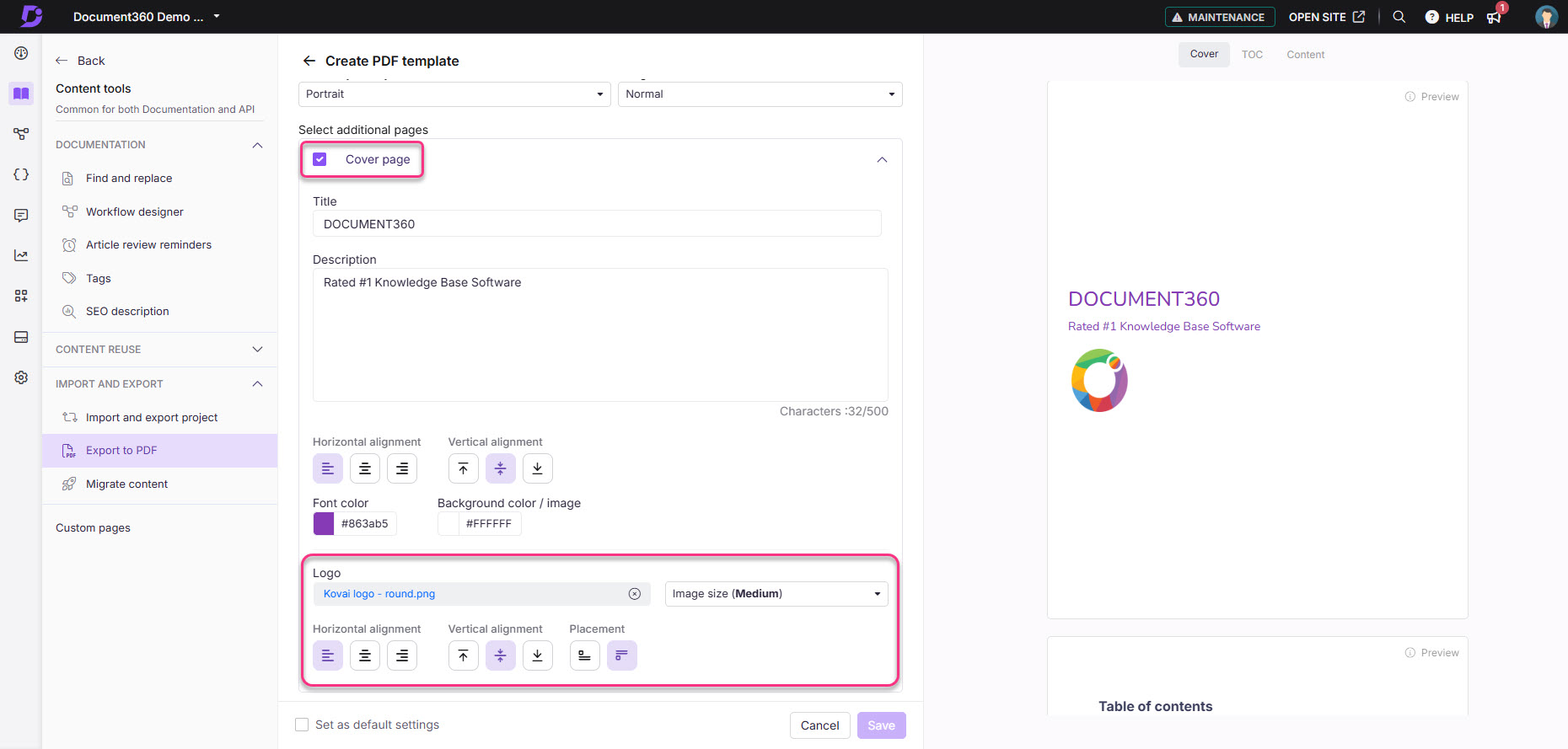 Document360 PDF template settings with highlighted options for cover page and logo.