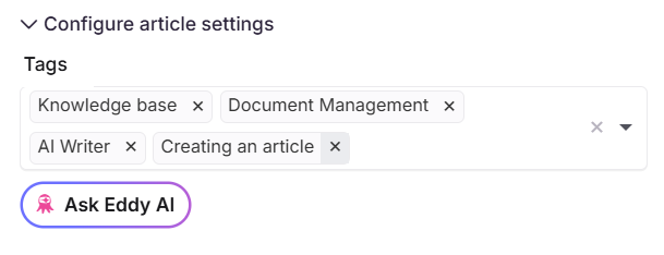 Settings interface for configuring article tags in a document management system.